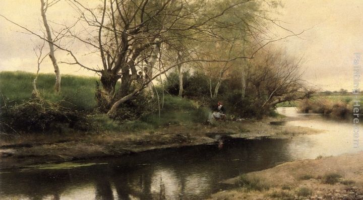 Emilio Sanchez-Perrier Feu de camp au bord d'une riviere